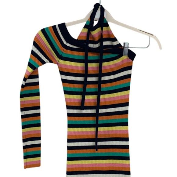 Monse Women XS Multicolor Striped One Shoulder Sweater Knit BodyCon Halter Dress - Picture 3 of 11